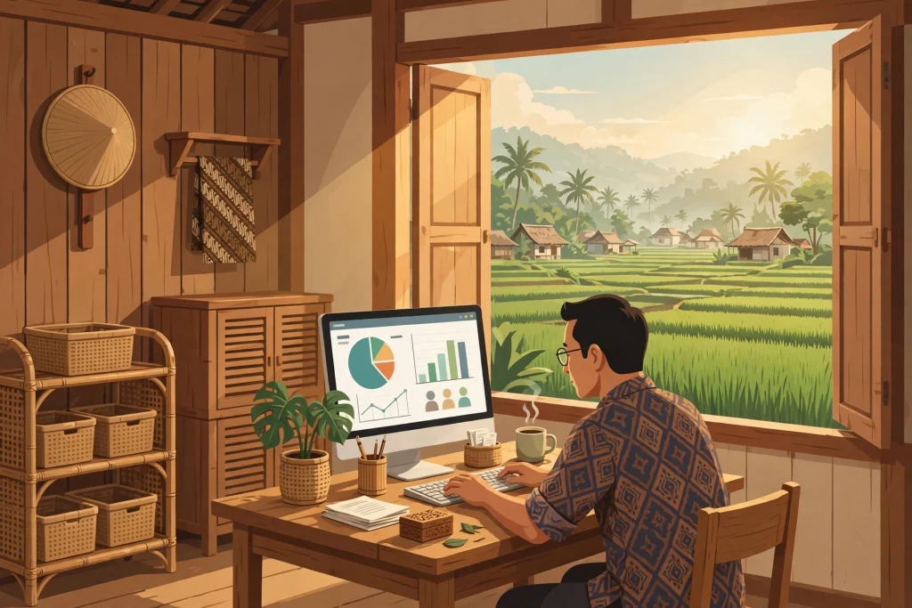 Ilustrasi sistem informasi desa dan buku induk penduduk meningkatkan efisiensi administrasi desa