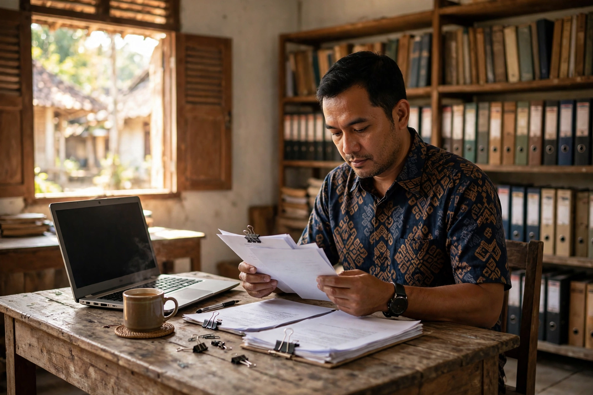 Perangkat desa mengelola sistem informasi desa dan buku induk penduduk di kantor desa