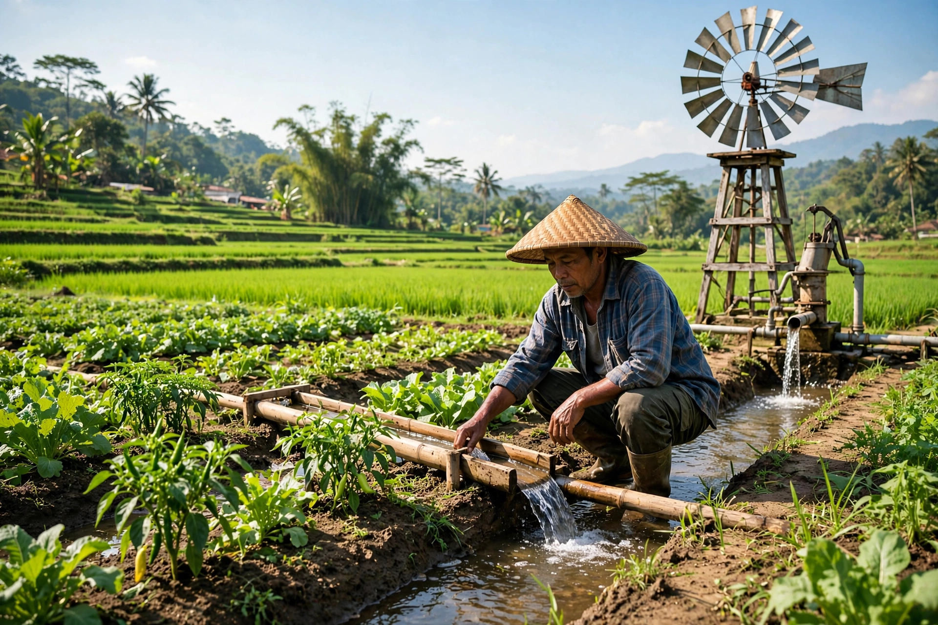 Petani mengairi sawah dengan kincir angin pompa air di desa Indonesia