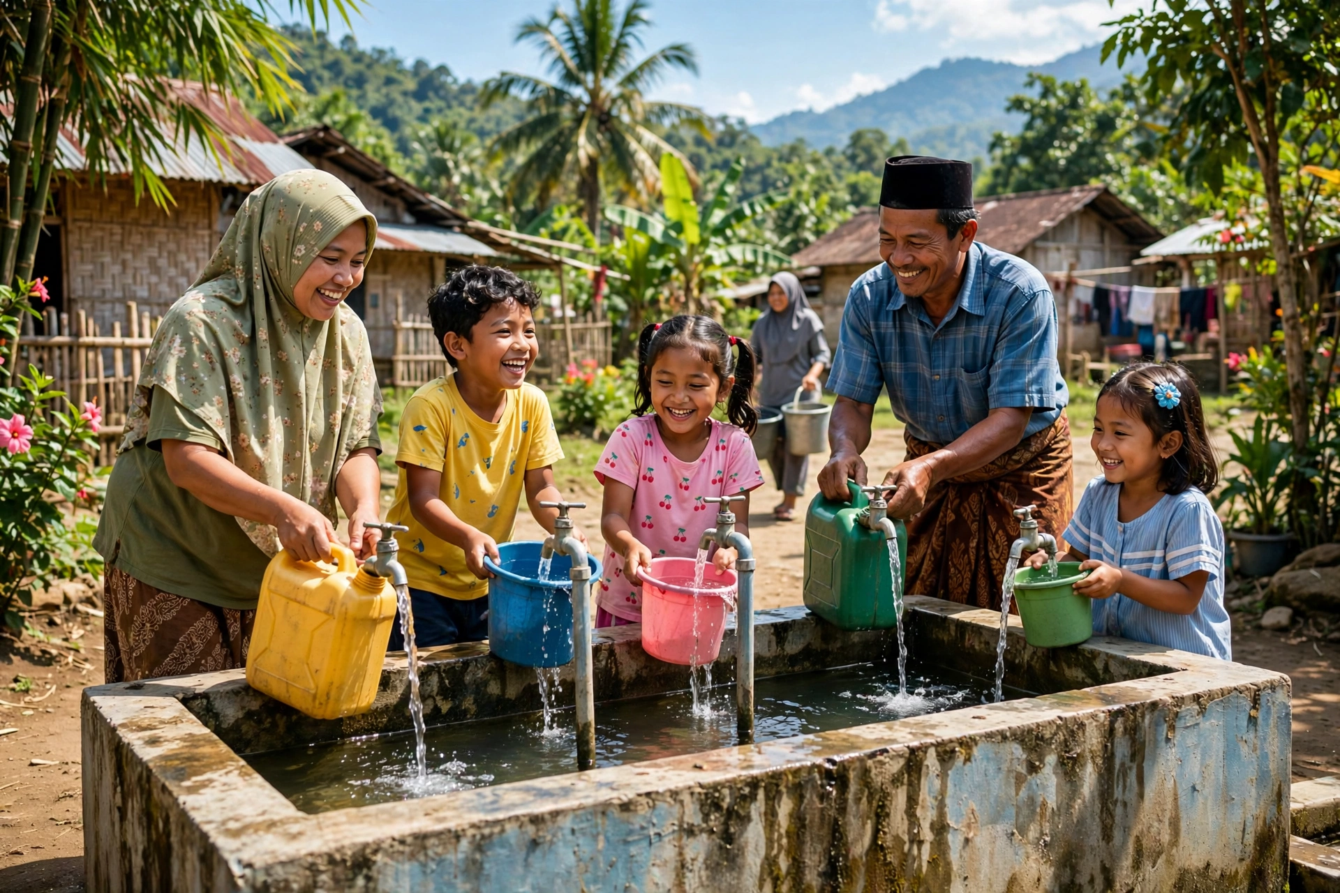 Warga desa mengambil air bersih dari kran komunal kincir angin pompa air