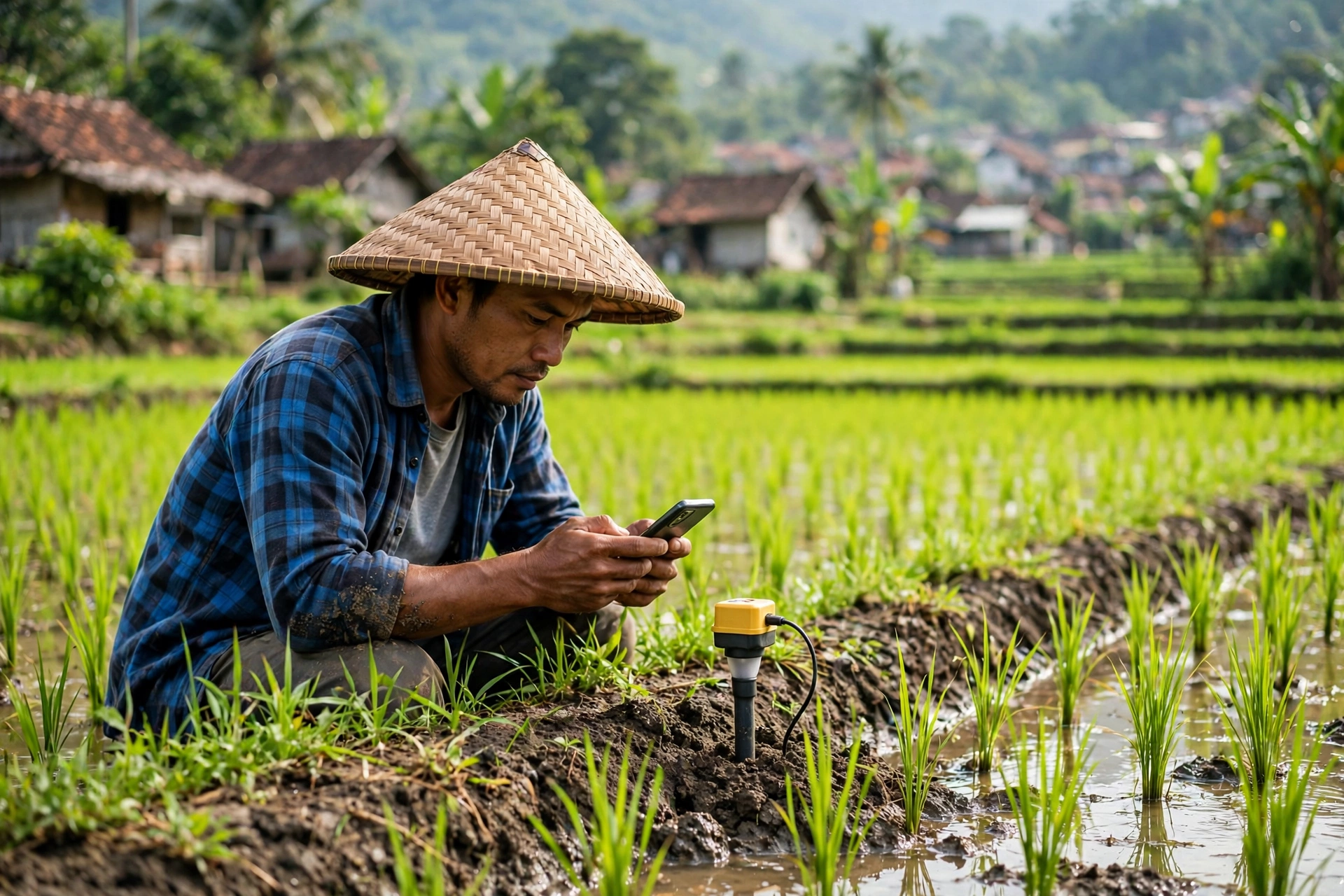 Petani memeriksa sensor pintar di sawah sebagai bagian dari AI pertanian desa
