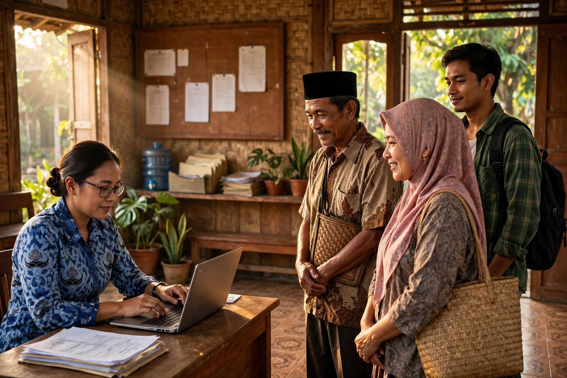 Perangkat desa mendata warga menggunakan sistem informasi desa di balai desa