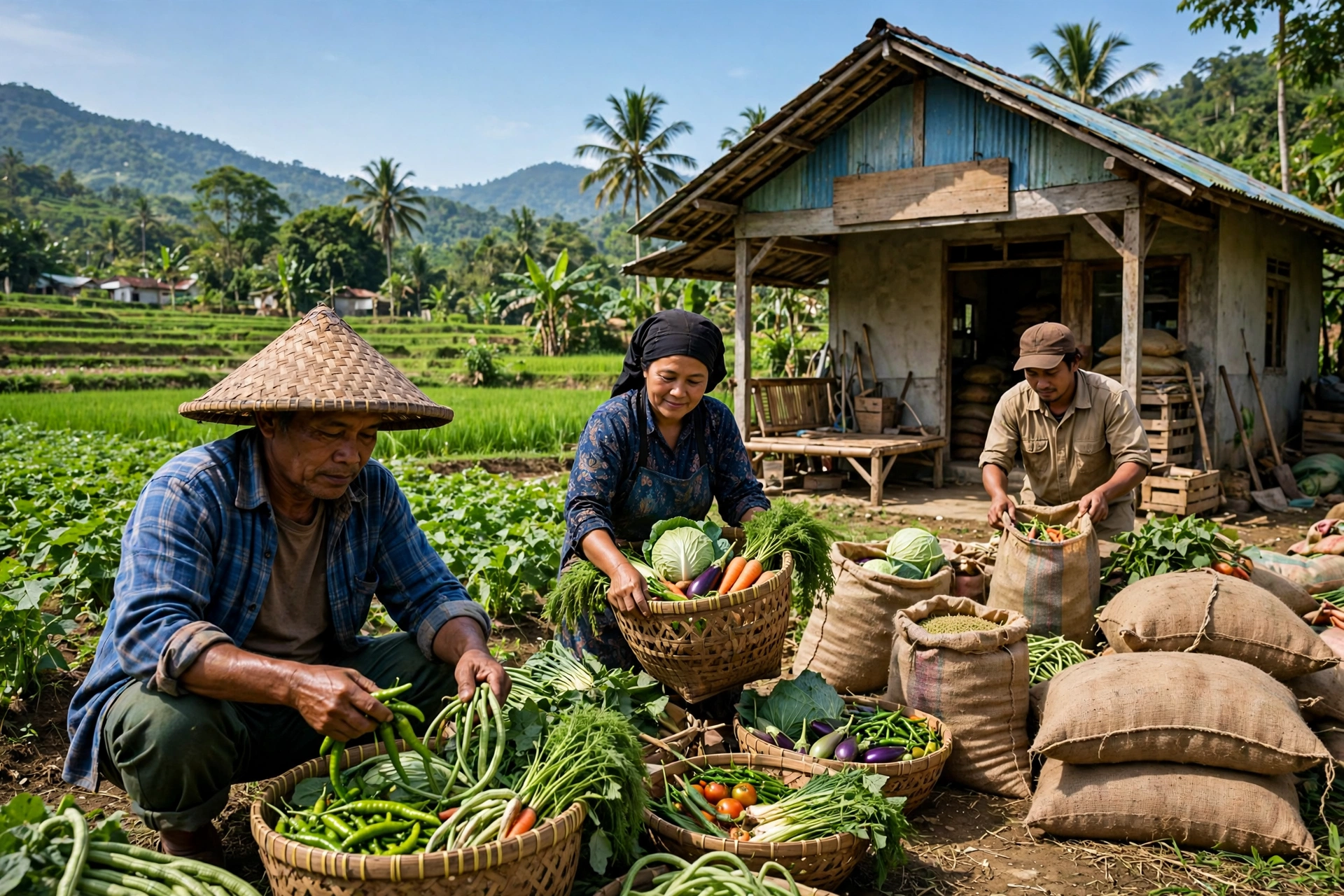 Petani desa memanen hasil bumi potensi ekonomi desa yang dikelola sistem informasi desa