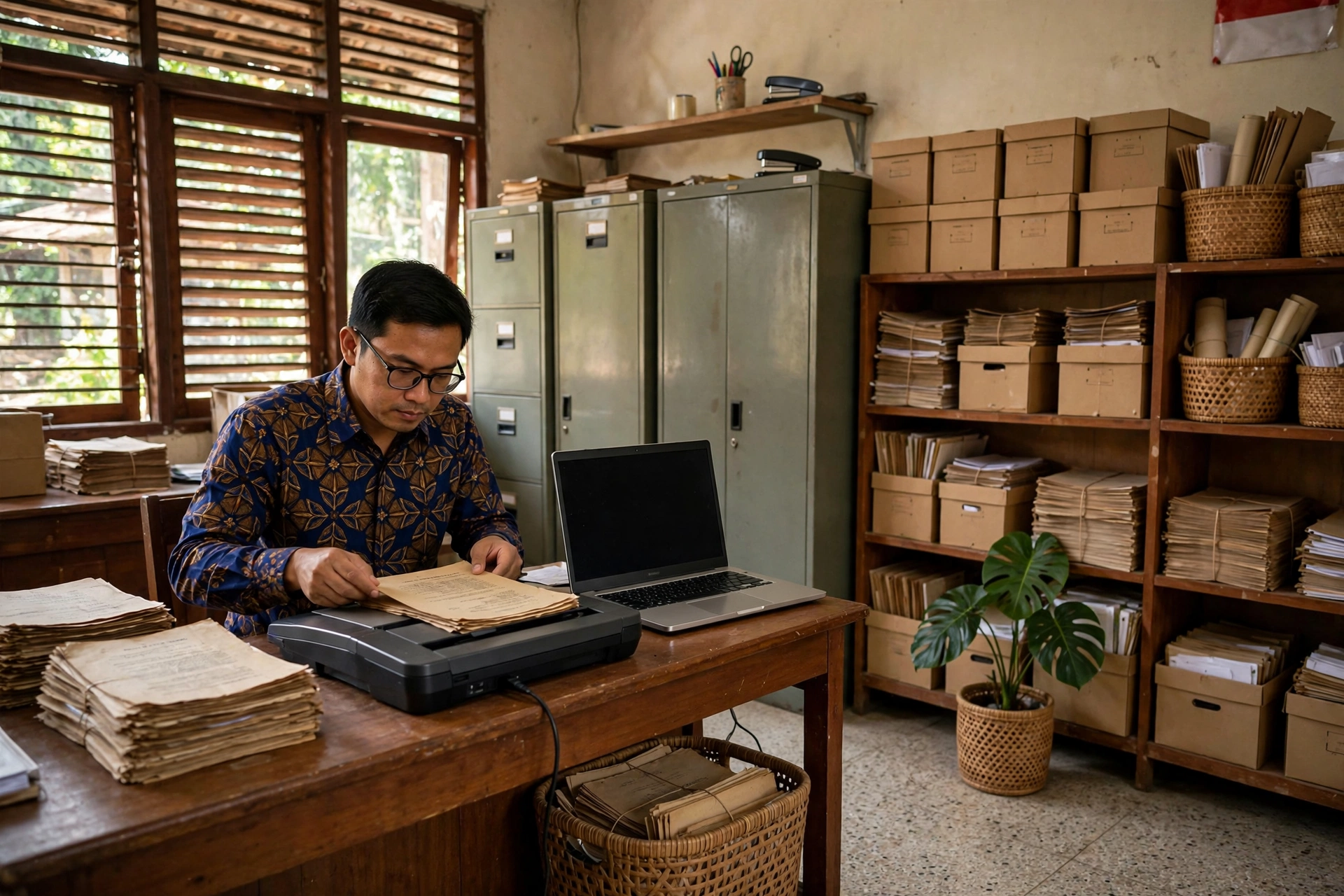 Perangkat desa memindai arsip dokumen desa untuk digitalisasi manajemen dokumen desa