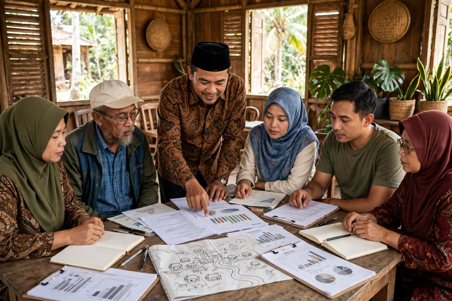 Kepala desa dan warga membahas dokumen pembangunan dalam musyawarah manajemen dokumen desa