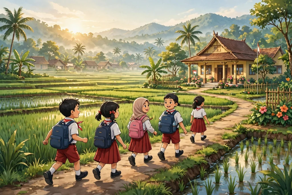 Ilustrasi pendidikan desa - anak sekolah menuju sekolah desa dengan sawah hijau, SDGs Desa pendidikan berkualitas