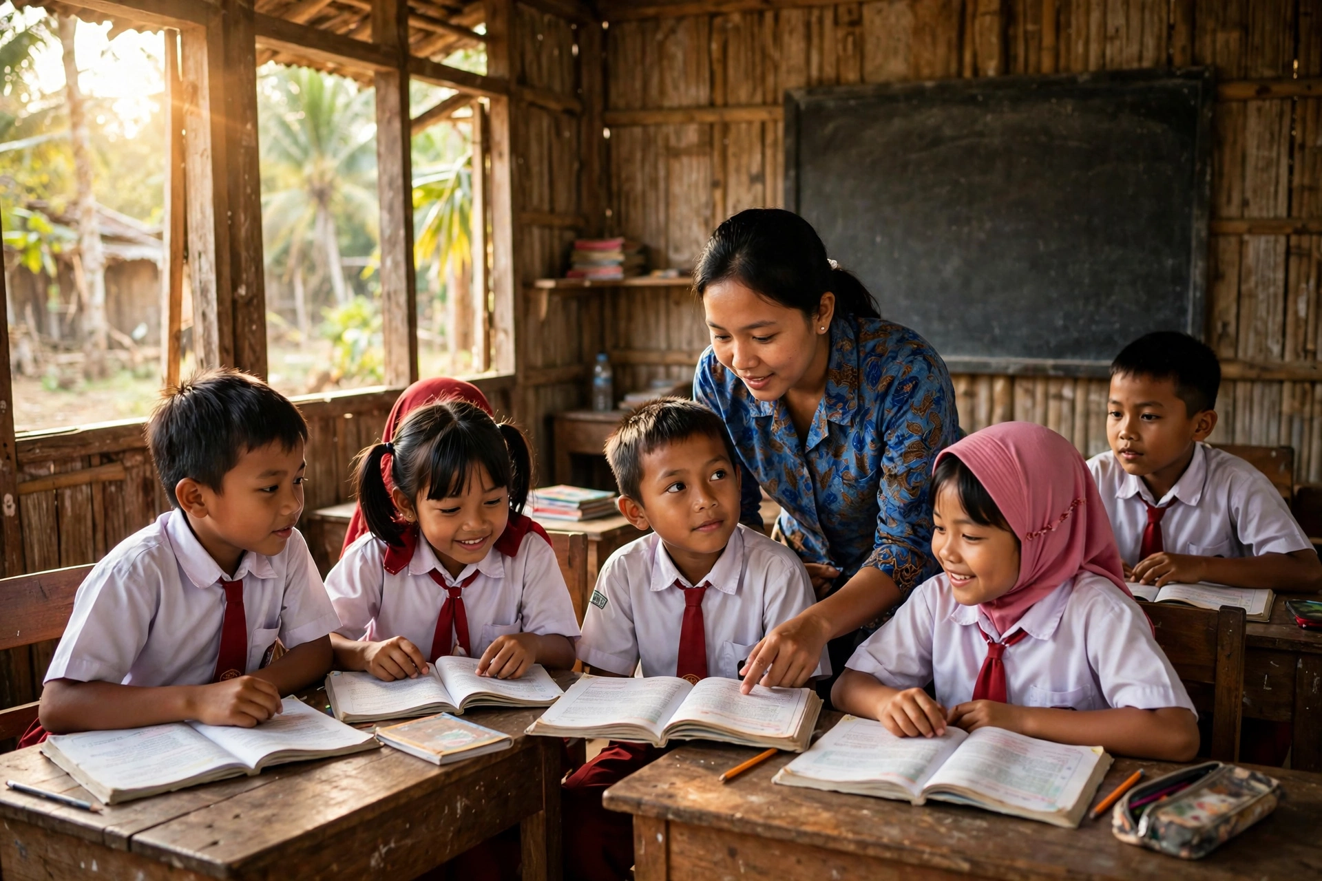 Anak-anak sekolah dasar di desa Indonesia belajar di kelas bersama guru - pendidikan desa berkualitas