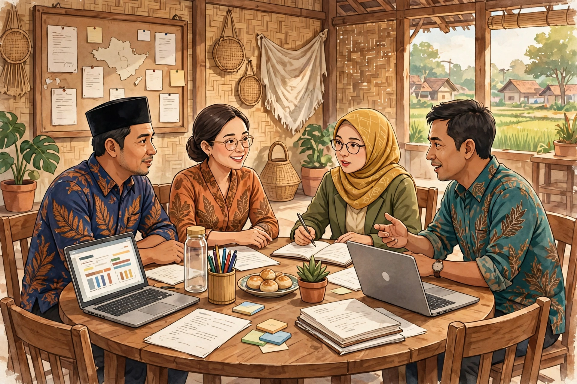 Perangkat desa dan guru merencanakan program pendidikan desa di balai desa