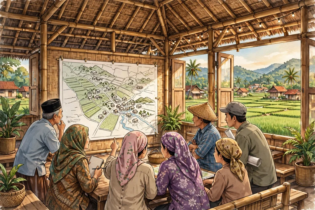 Ilustrasi musyawarah warga membahas RPJM Desa untuk keadilan sosial