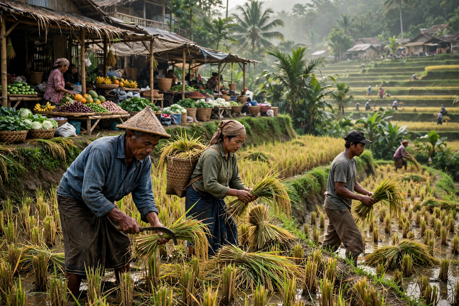 Petani memanen hasil pertanian sebagai wujud ekonomi desa yang didorong RPJM Desa