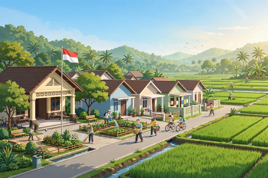 Ilustrasi desa sehat dengan lingkungan bersih, sawah hijau, dan balai desa