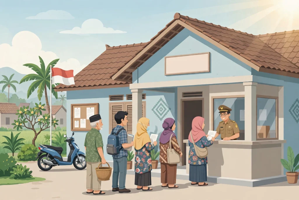 Ilustrasi pelayanan publik desa di kantor desa yang modern dan ramah