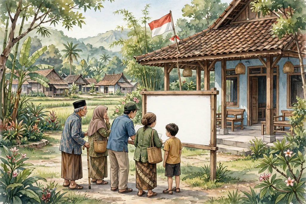 Ilustrasi transparansi desa dalam pelayanan publik Indonesia, warga membaca papan pengumuman balai desa