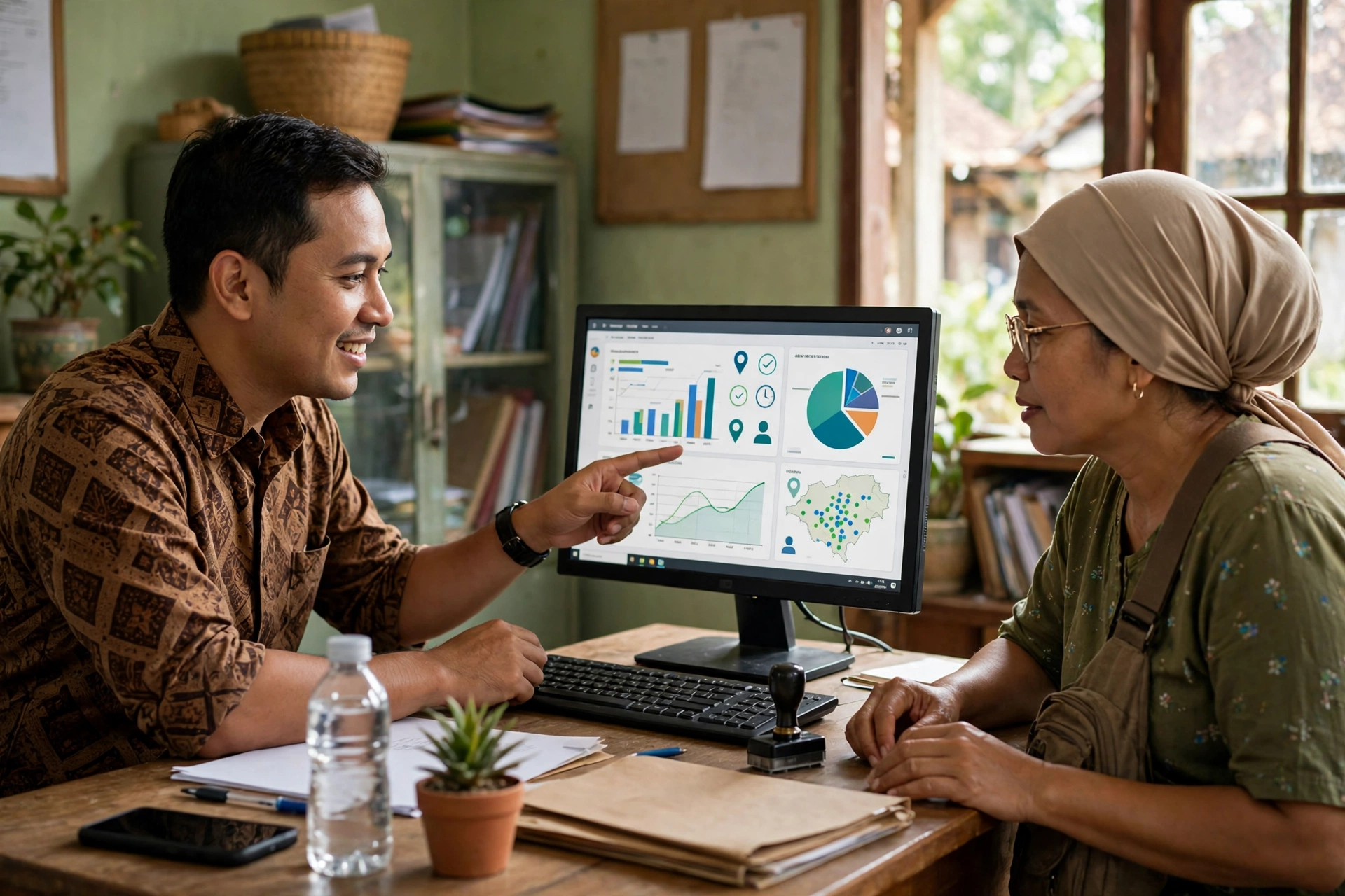 Perangkat desa menunjukkan data pelayanan publik digital kepada warga wujud transparansi desa