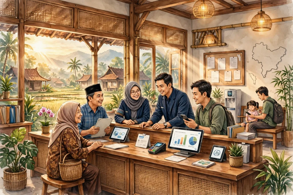 Ilustrasi layanan kependudukan desa yang ramah dan modern di balai desa