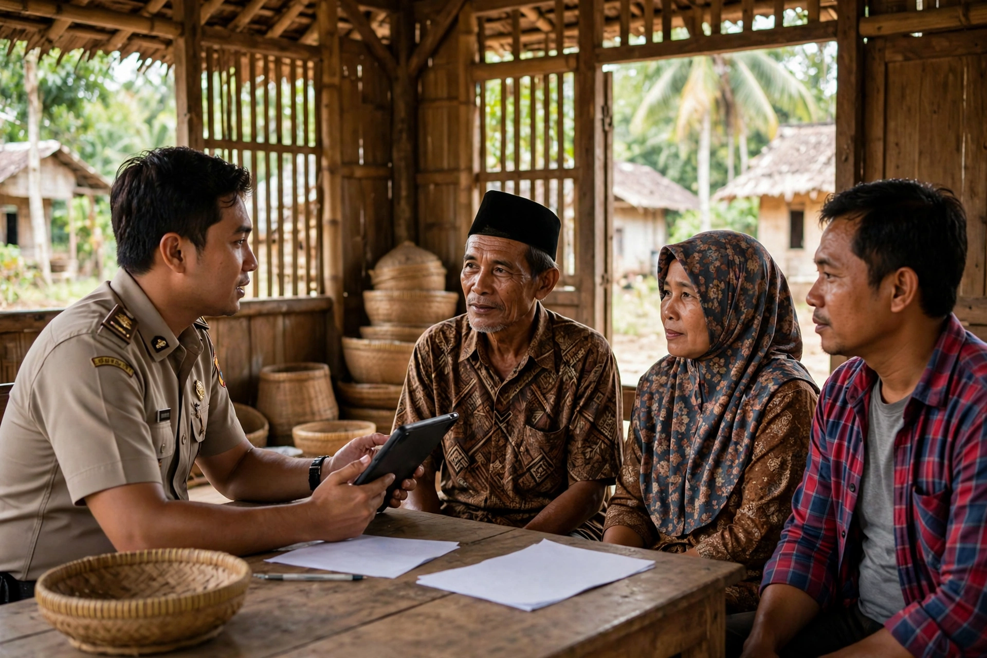 Petugas desa mendata kesejahteraan sosial desa menggunakan tablet saat survei lapangan