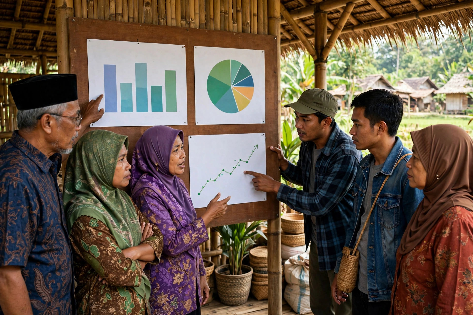 Warga membahas profil kesejahteraan sosial desa dalam musyawarah dengan papan data statistik
