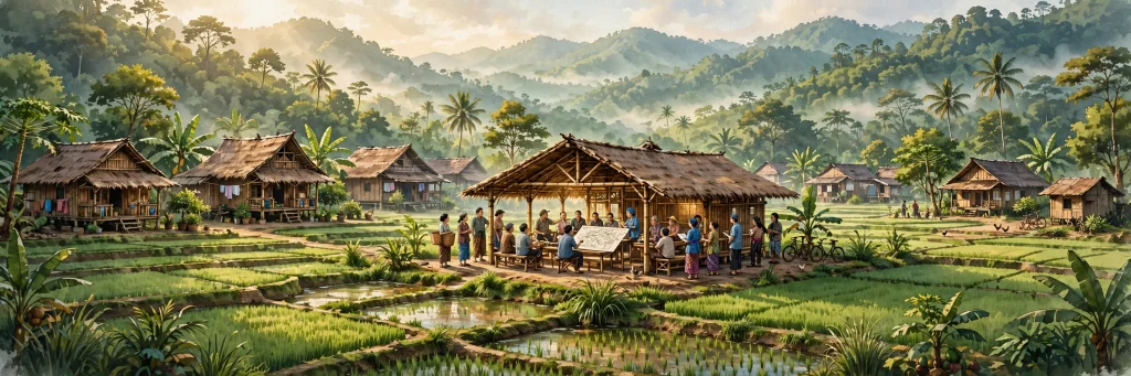 Ilustrasi pembangunan partisipatif desa dengan balai desa dan sawah hijau