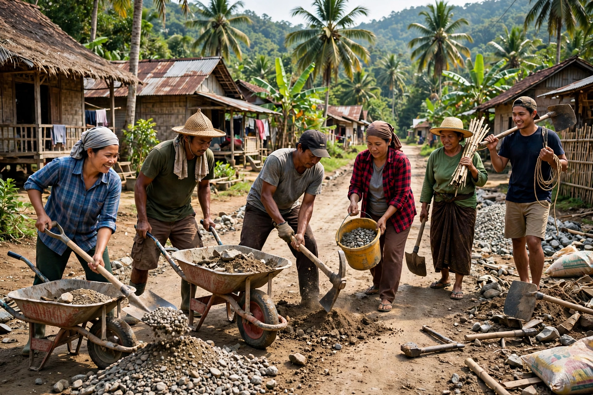 Gotong royong warga dalam pembangunan partisipatif desa membangun jalan desa