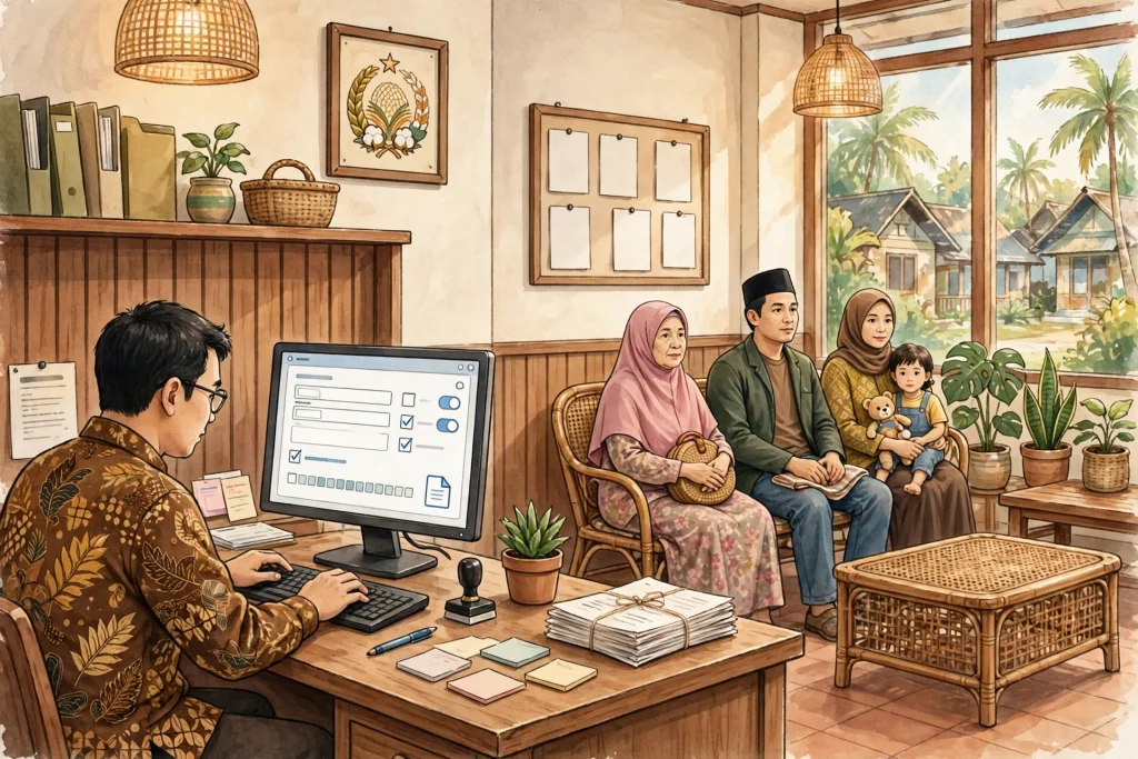Ilustrasi layanan permohonan surat online di kantor desa Indonesia