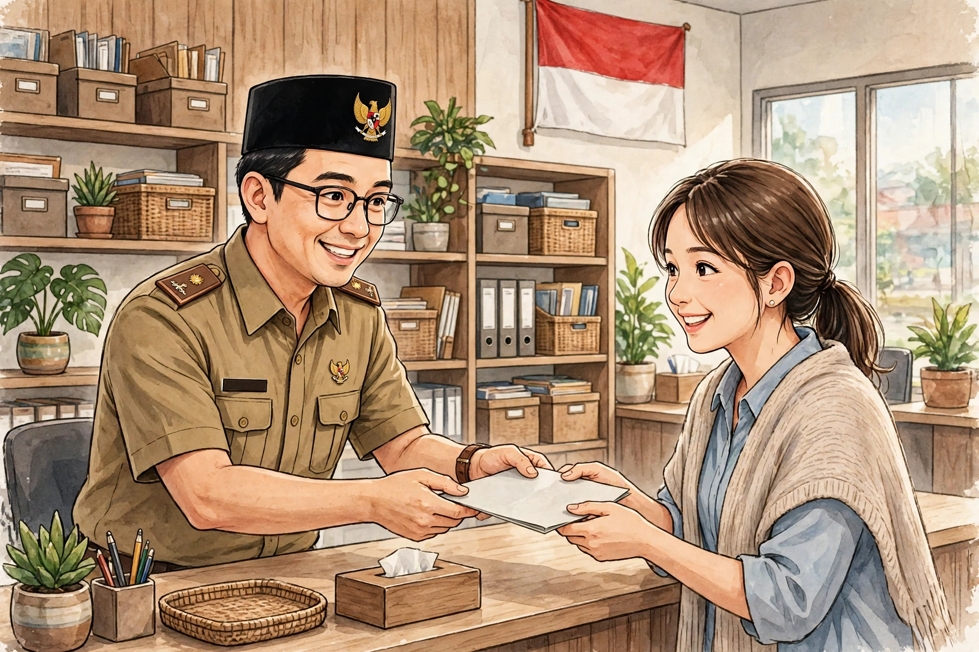 Perangkat desa menyerahkan surat hasil permohonan surat online kepada warga