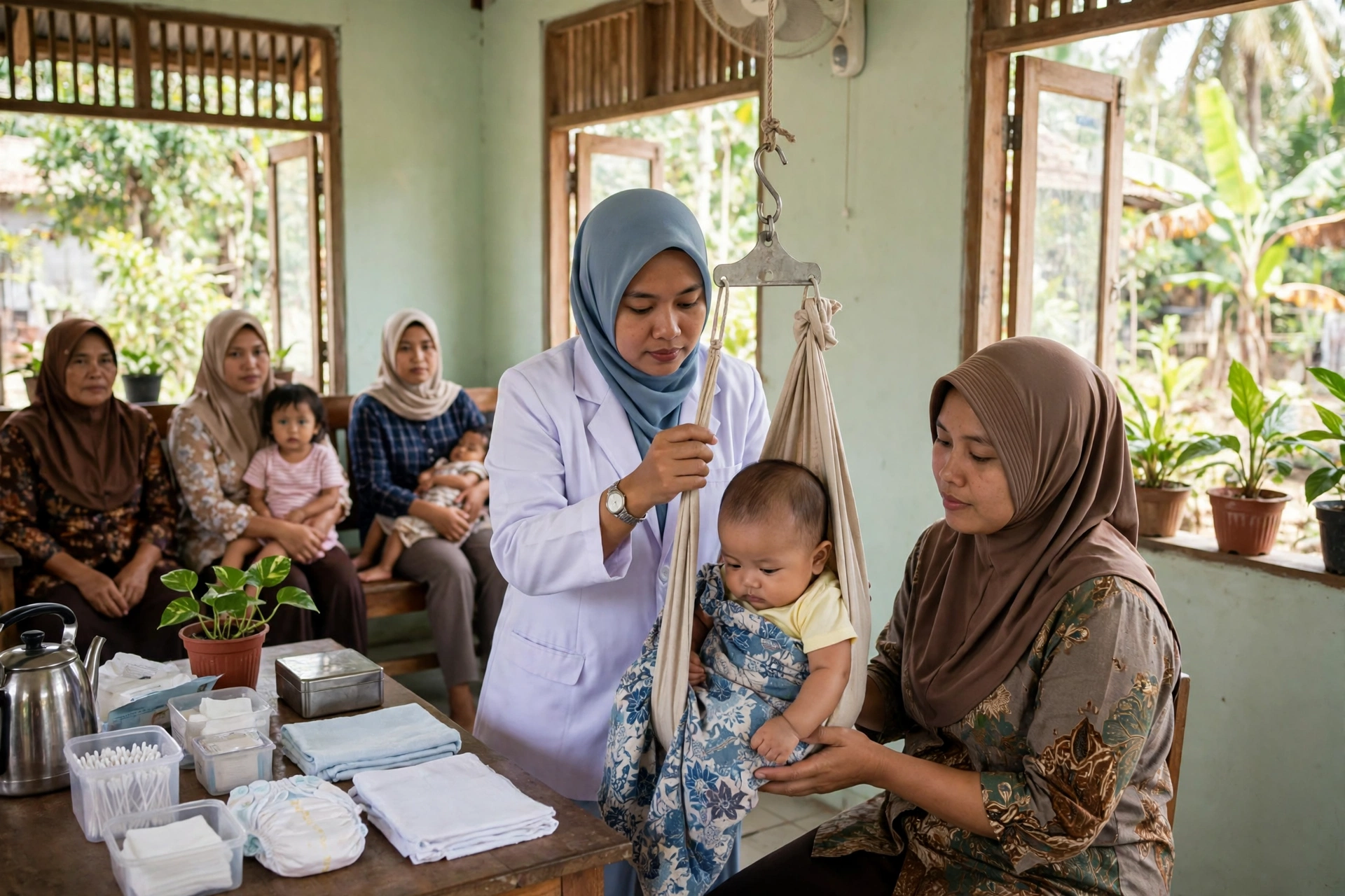 Petugas posyandu melayani ibu dan bayi di desa, mutasi data penduduk