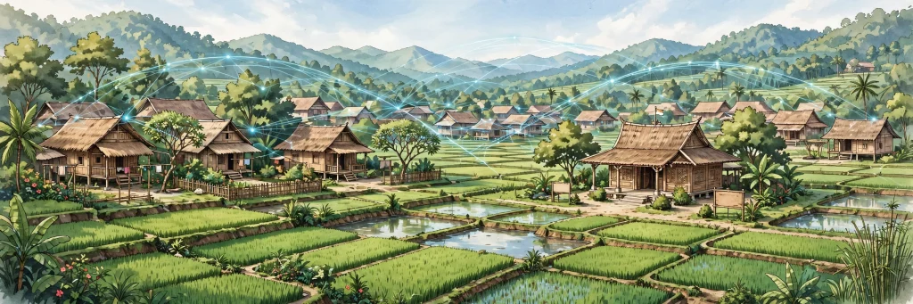 Ilustrasi desa cerdas dengan sistem informasi desa berbasis kecerdasan buatan