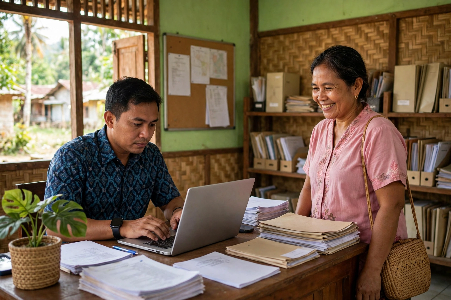 Petugas desa memperbarui data administrasi kependudukan dengan laptop