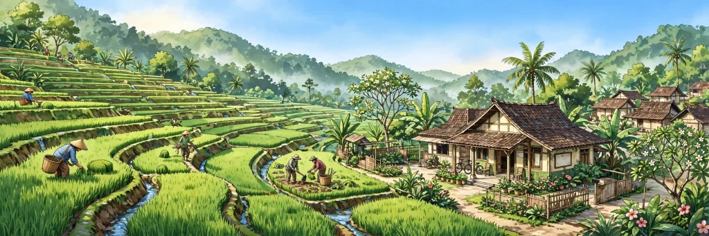 Pemandangan desa dengan sawah hijau untuk mengoptimalkan indeks desa membangun