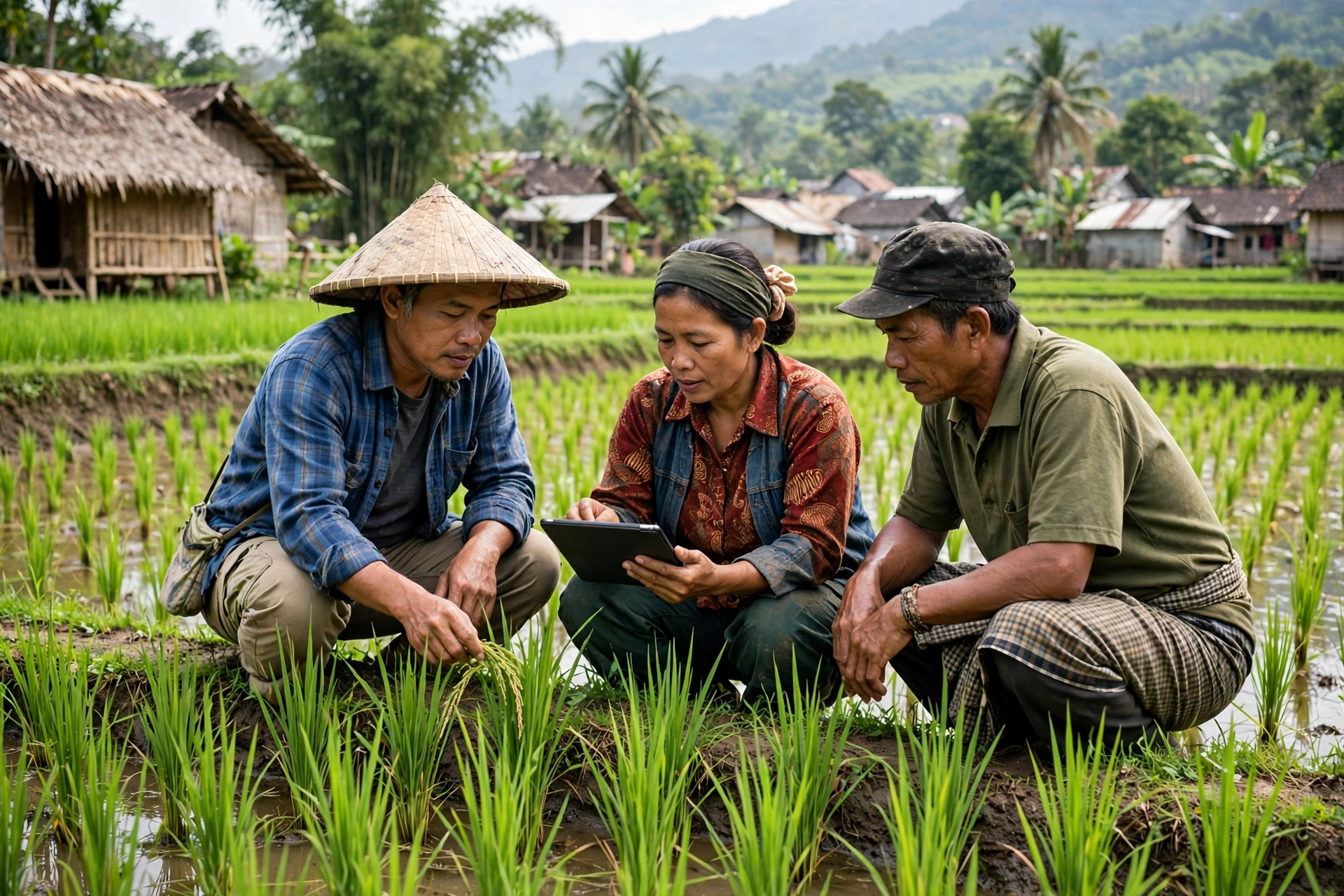 Petani desa memeriksa tanaman padi dengan tablet untuk mengoptimalkan indeks desa membangun
