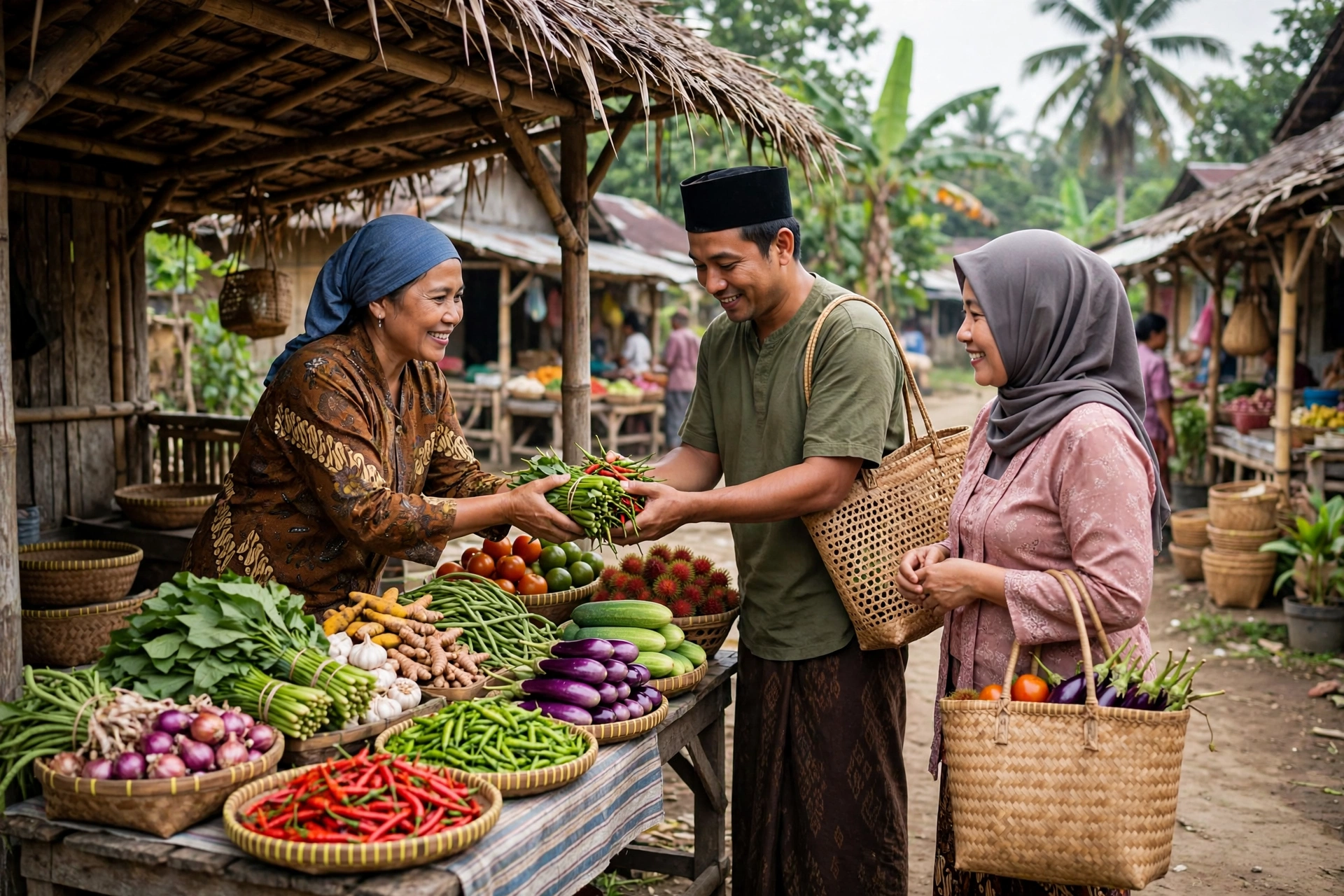Transaksi jual beli di pasar lokal desa yang ramai dan tertata