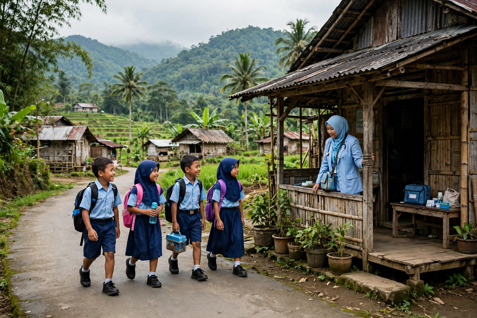 Anak desa berjalan ke sekolah di jalan desa baru mengatasi kesenjangan infrastruktur desa