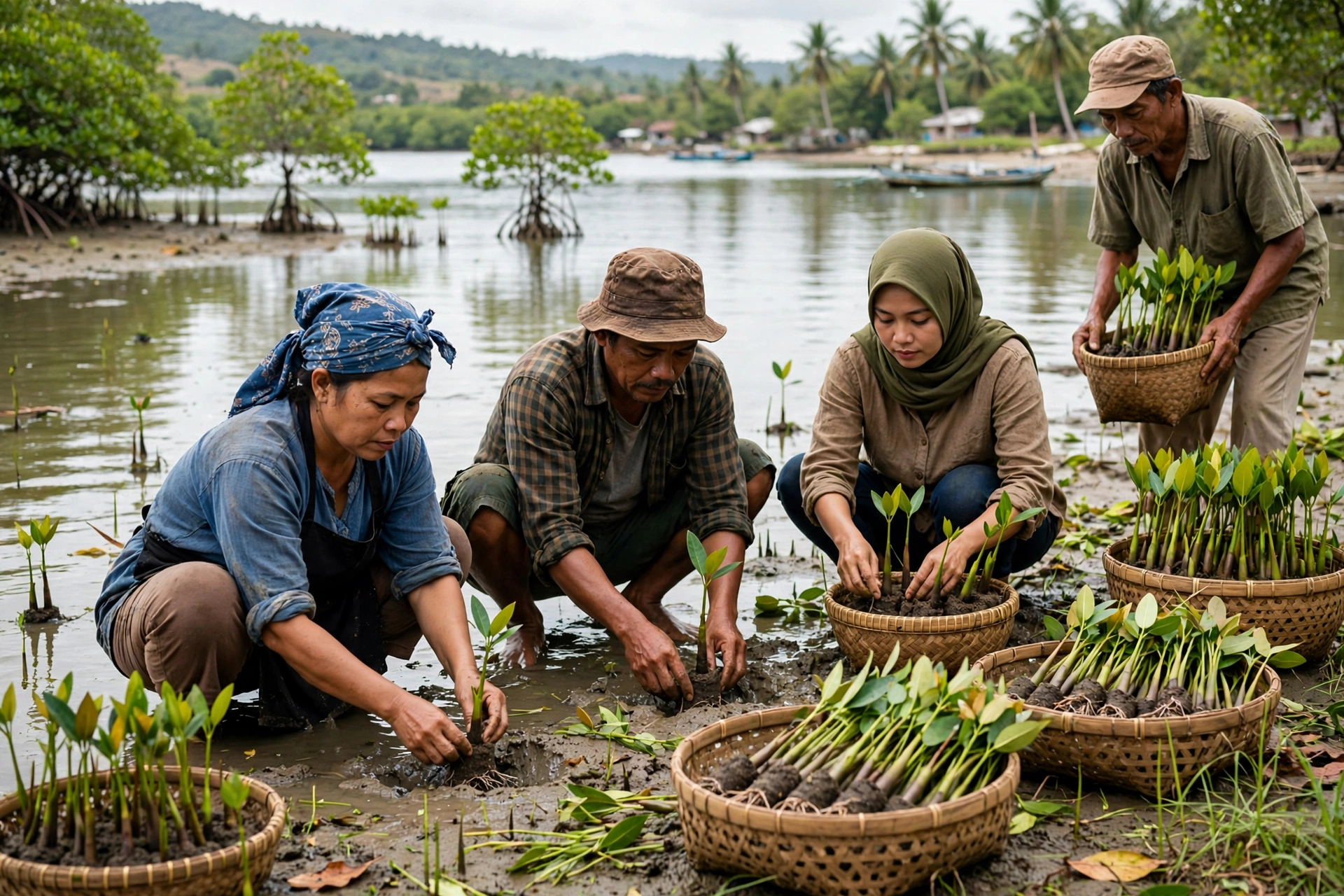 Warga desa hijau laut menanam bibit mangrove di pesisir