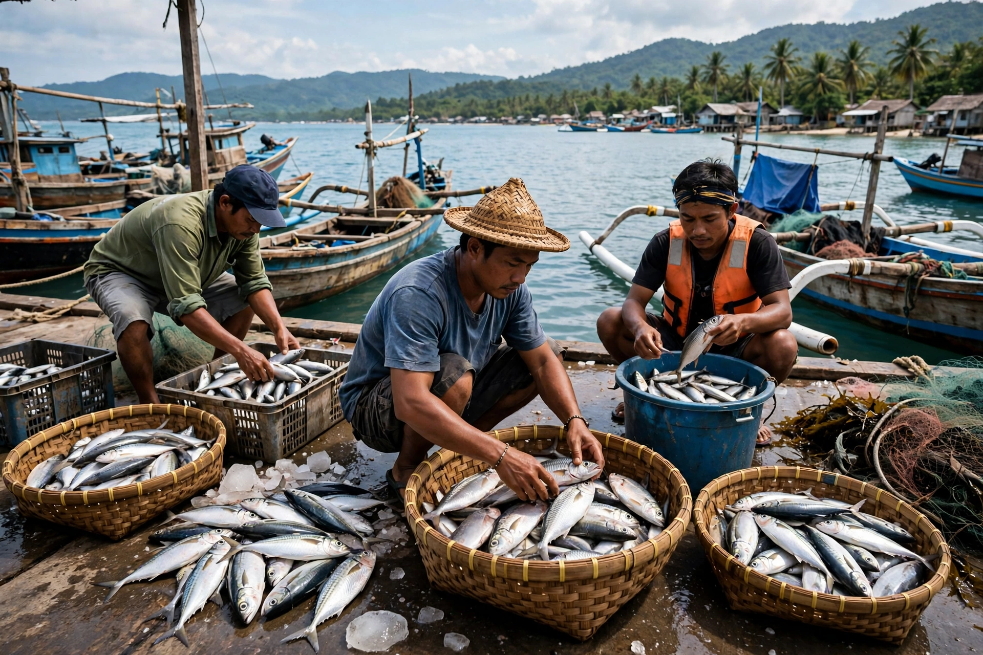 Nelayan memilah hasil tangkapan di tempat pelelangan ikan desa pesisir