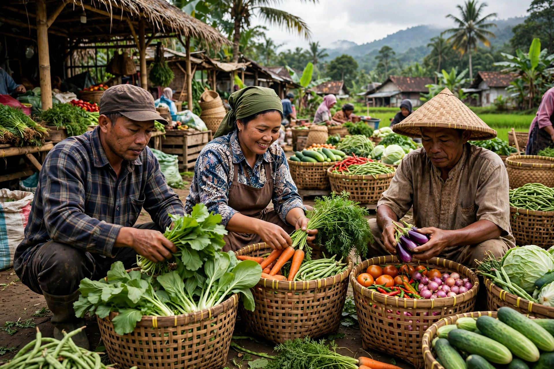 Petani kemitraan desa memanen sayur organik untuk pasar desa