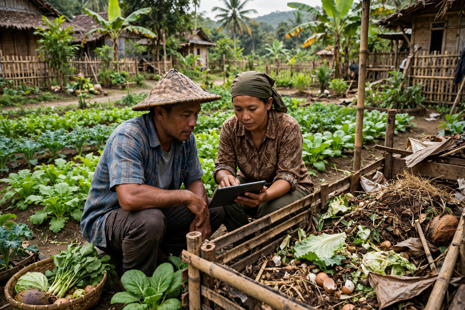 Petani desa mencatat data panen untuk konsumsi produksi berkelanjutan