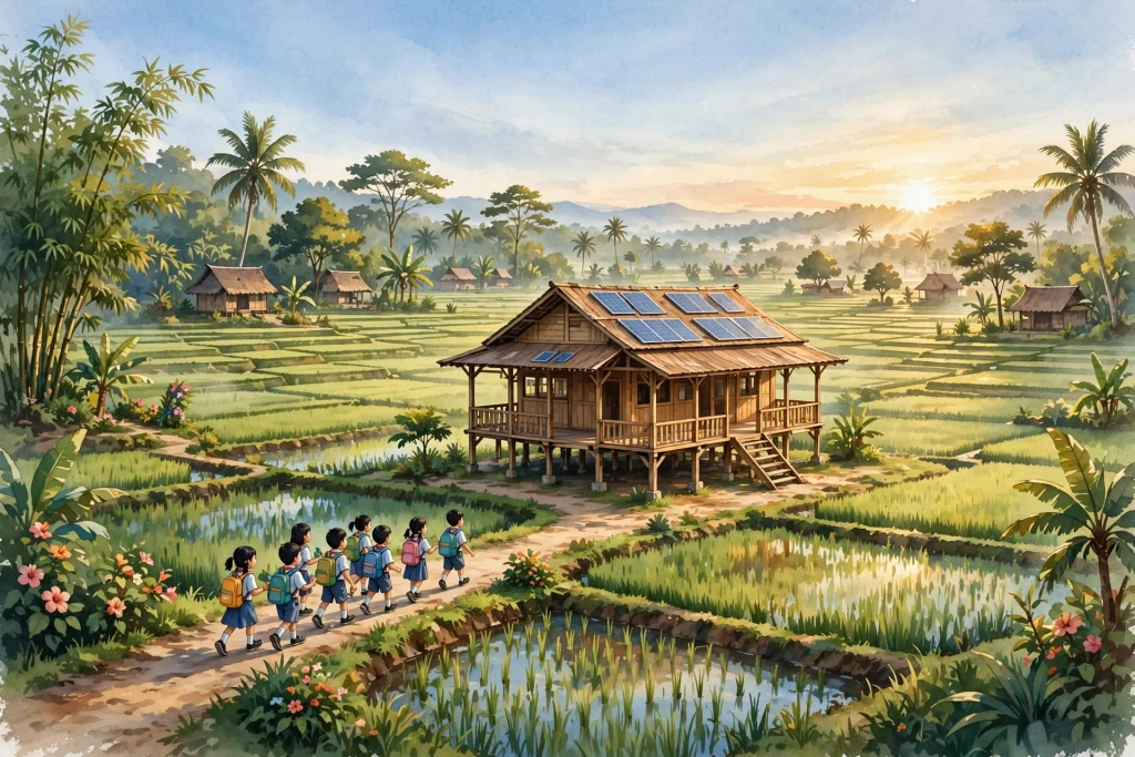 Ilustrasi sekolah desa yang memanfaatkan teknologi tepat guna untuk meningkatkan pendidikan desa