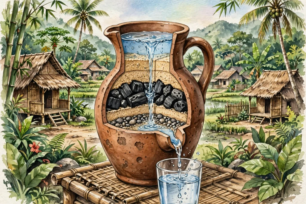 Ilustrasi filter air arang dari kendi tanah liat berlapis arang, pasir, dan kerikil di desa Indonesia