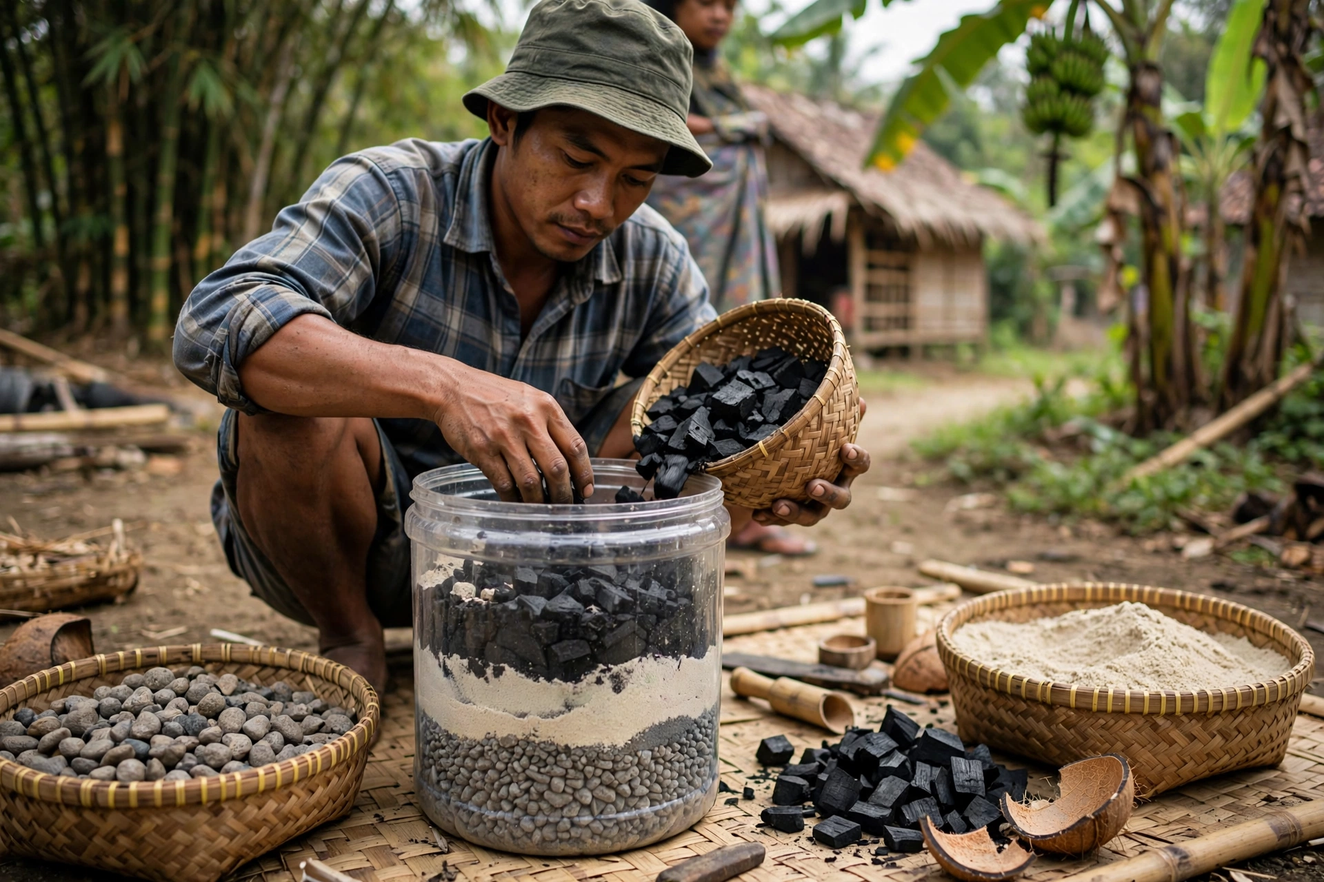 Warga desa membuat filter air arang sendiri dari wadah berlapis arang, kerikil, dan pasir