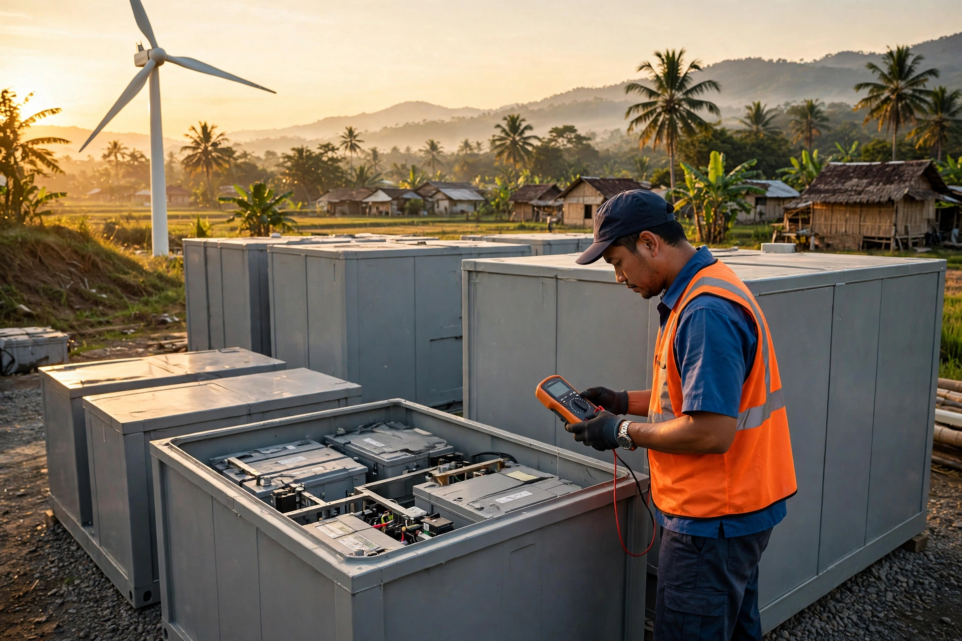 Teknisi desa memeriksa baterai penyimpanan energi angin untuk kincir angin