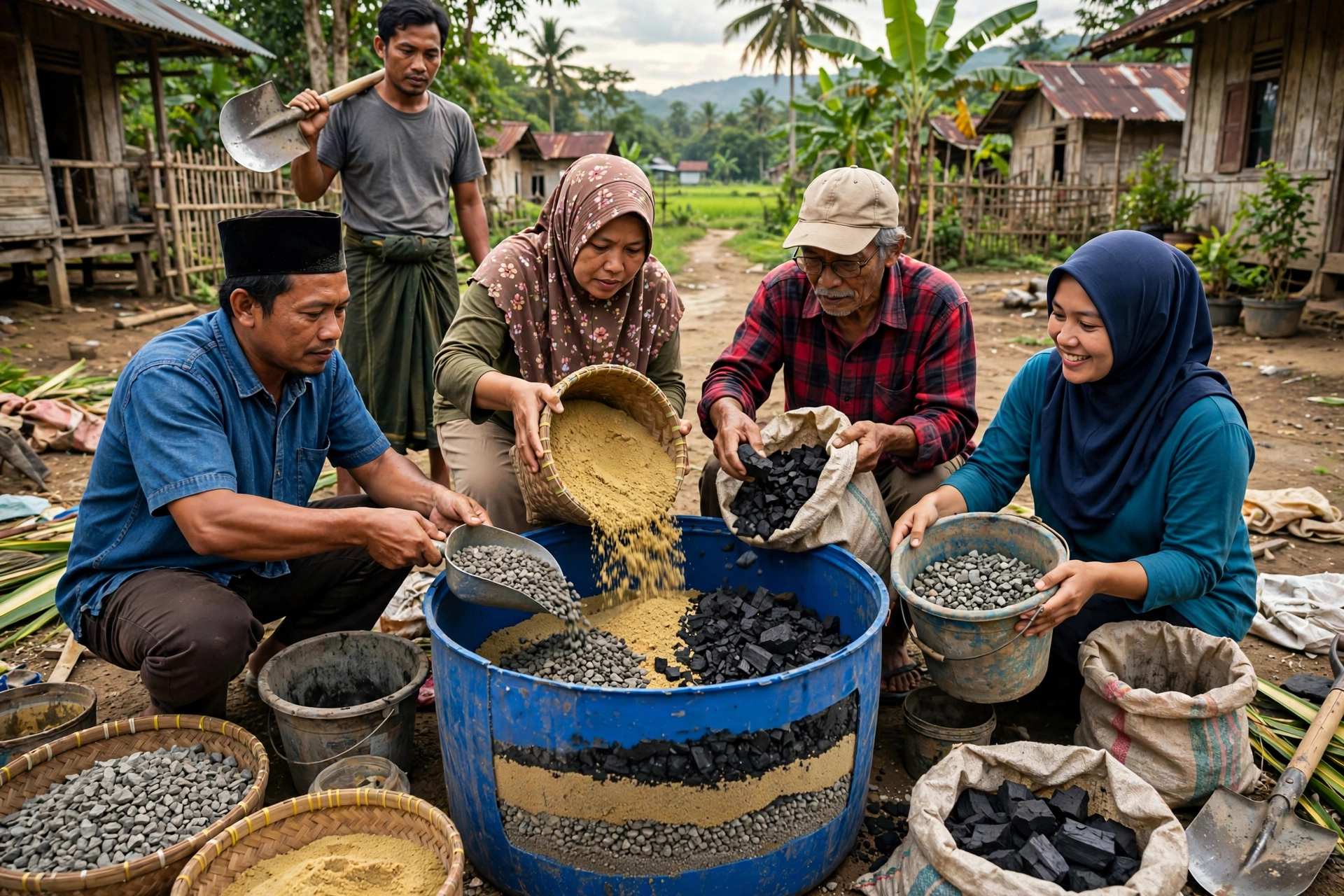 Warga desa bergotong royong merakit filter air sederhana dari drum plastik berlapis kerikil pasir dan arang