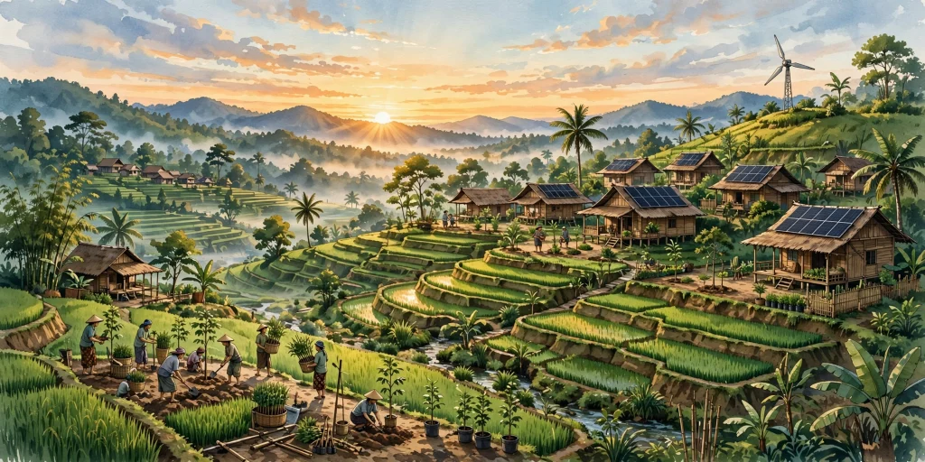 Ilustrasi teknologi ramah lingkungan di desa Indonesia: panel surya, turbin angin, dan penghijauan