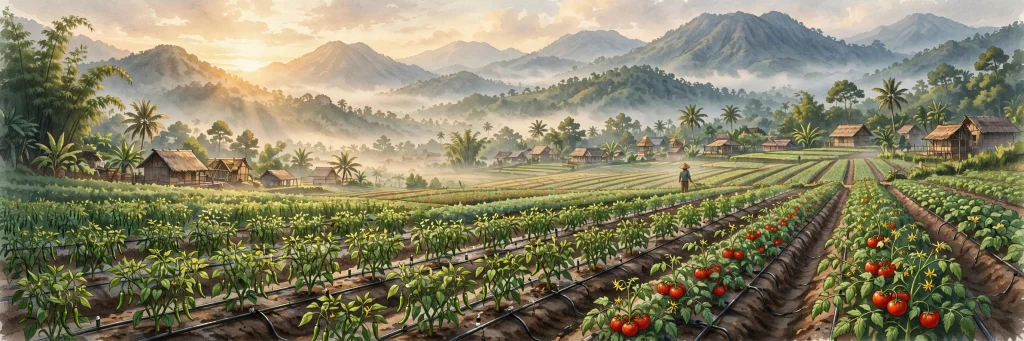 Sistem irigasi tetes di lahan sayuran desa untuk mencegah penyakit tanaman