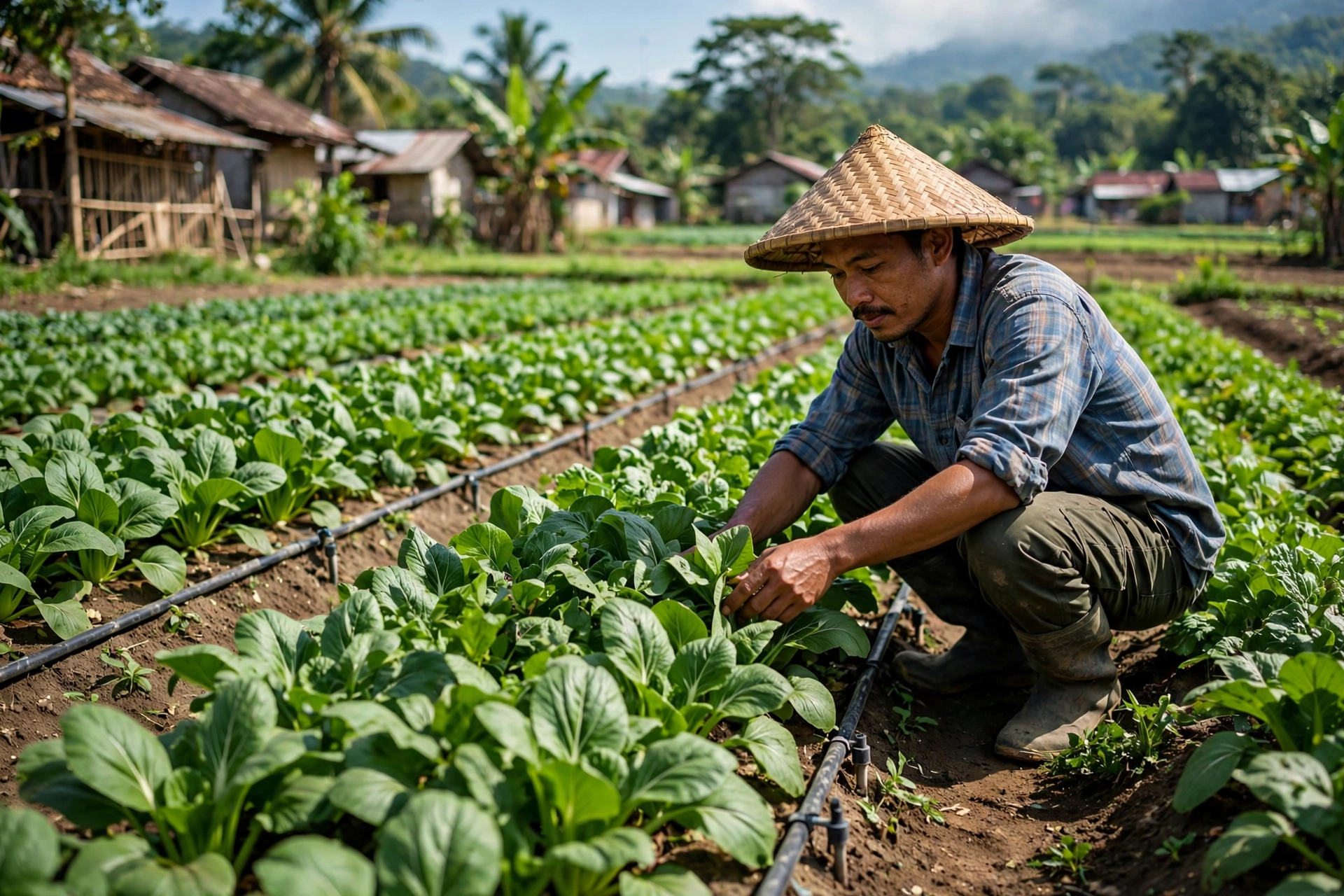 Petani desa memeriksa tanaman sehat yang diairi dengan irigasi tetes