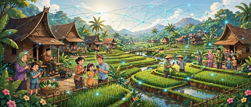Ilustrasi platform digital desa yang menghubungkan warga desa Indonesia dengan layanan digital