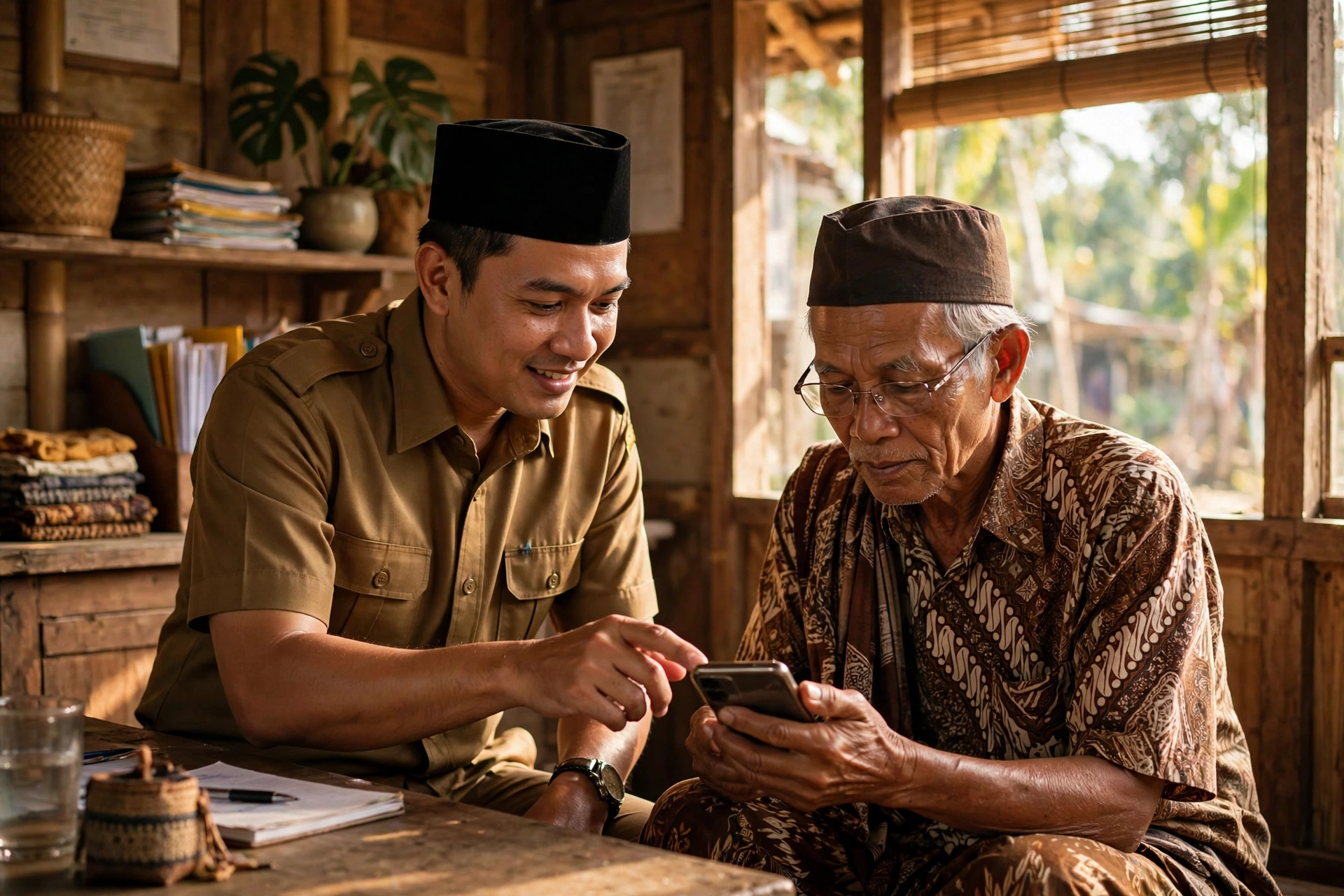 Perangkat desa mendampingi warga menggunakan platform digital desa lewat ponsel