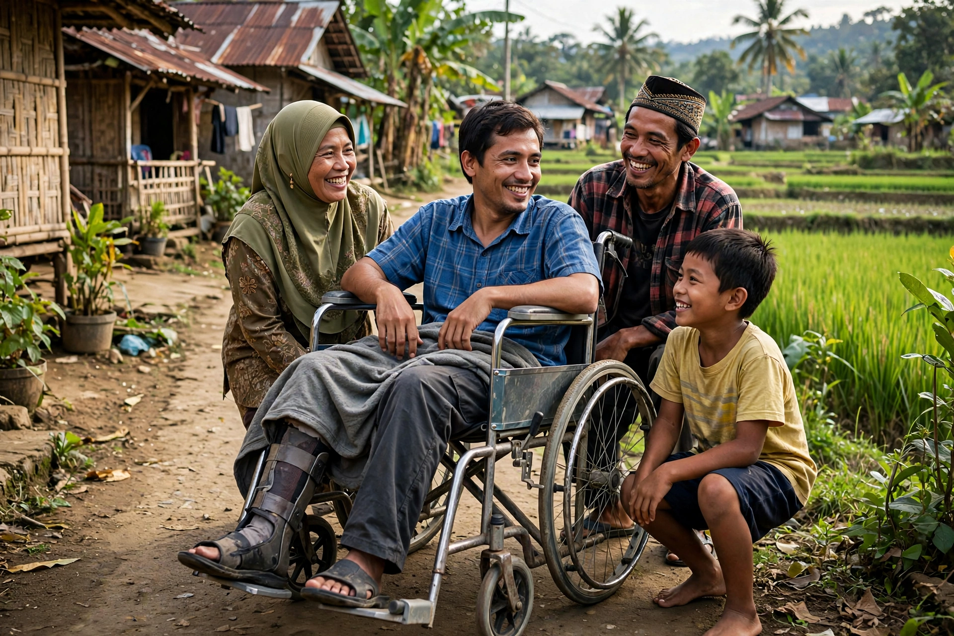 Warga disabilitas menggunakan alat bantu disabilitas murah di lingkungan desa