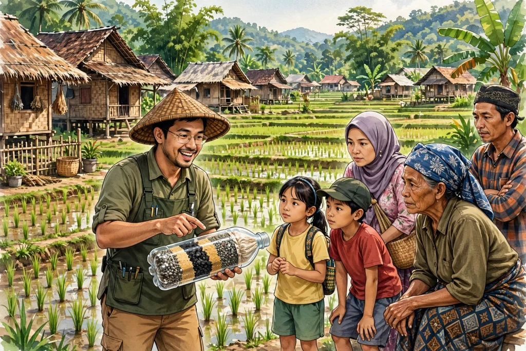 Ilustrasi edukasi dan pelatihan filter air sederhana di desa Indonesia