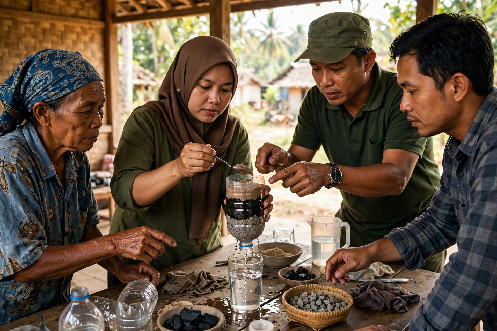 Pelatihan membuat filter air sederhana dari botol bekas dan pasir di balai desa