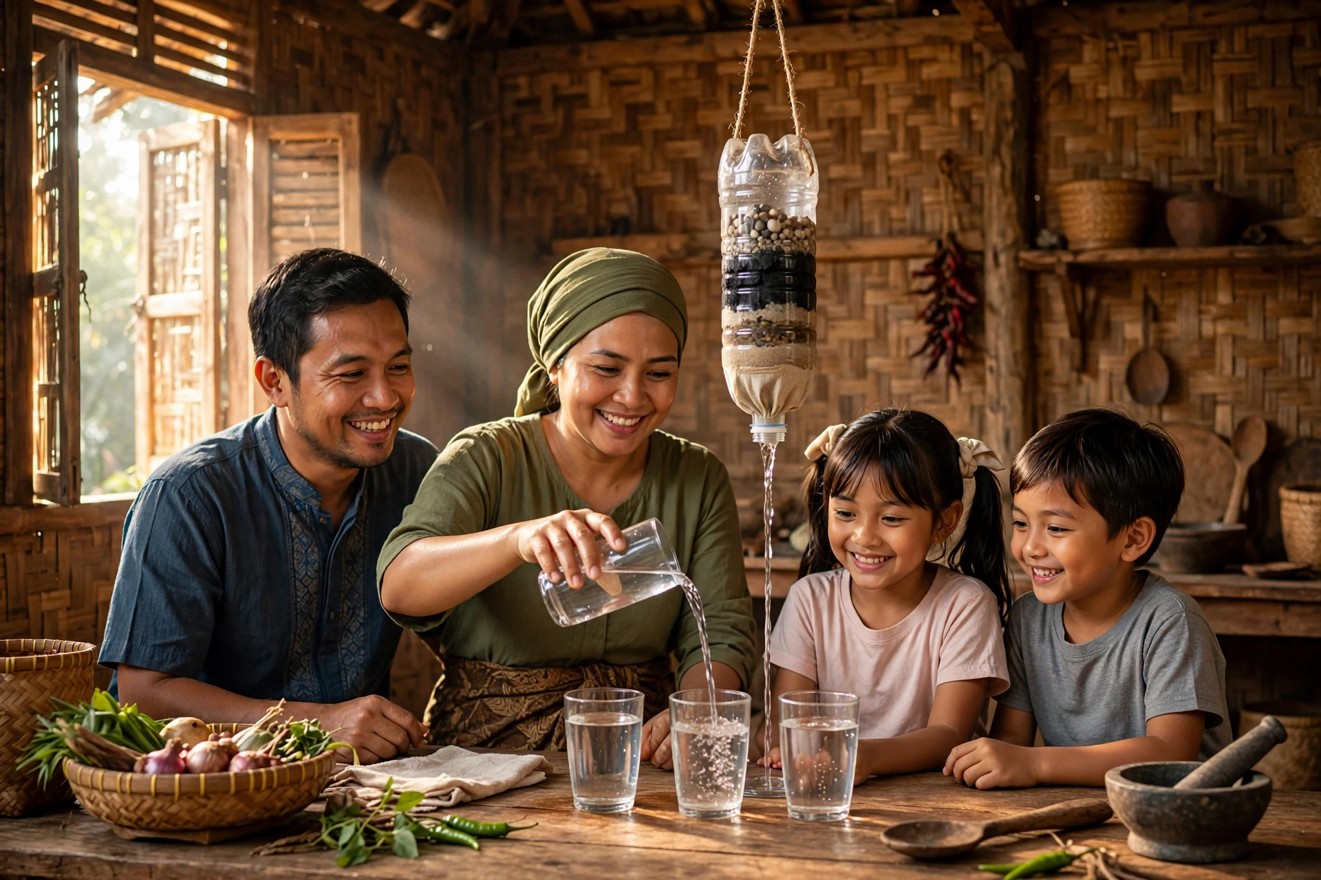 Keluarga desa menuang air bersih hasil filter air sederhana